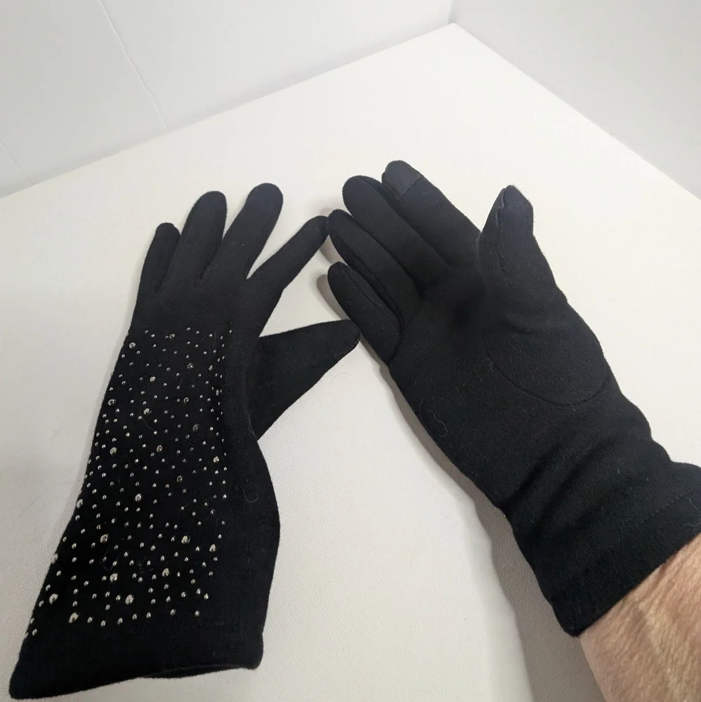 Black Nylon Gloves Faux Fur Lined Gloves Touch Screen - Picture 2 of 4
